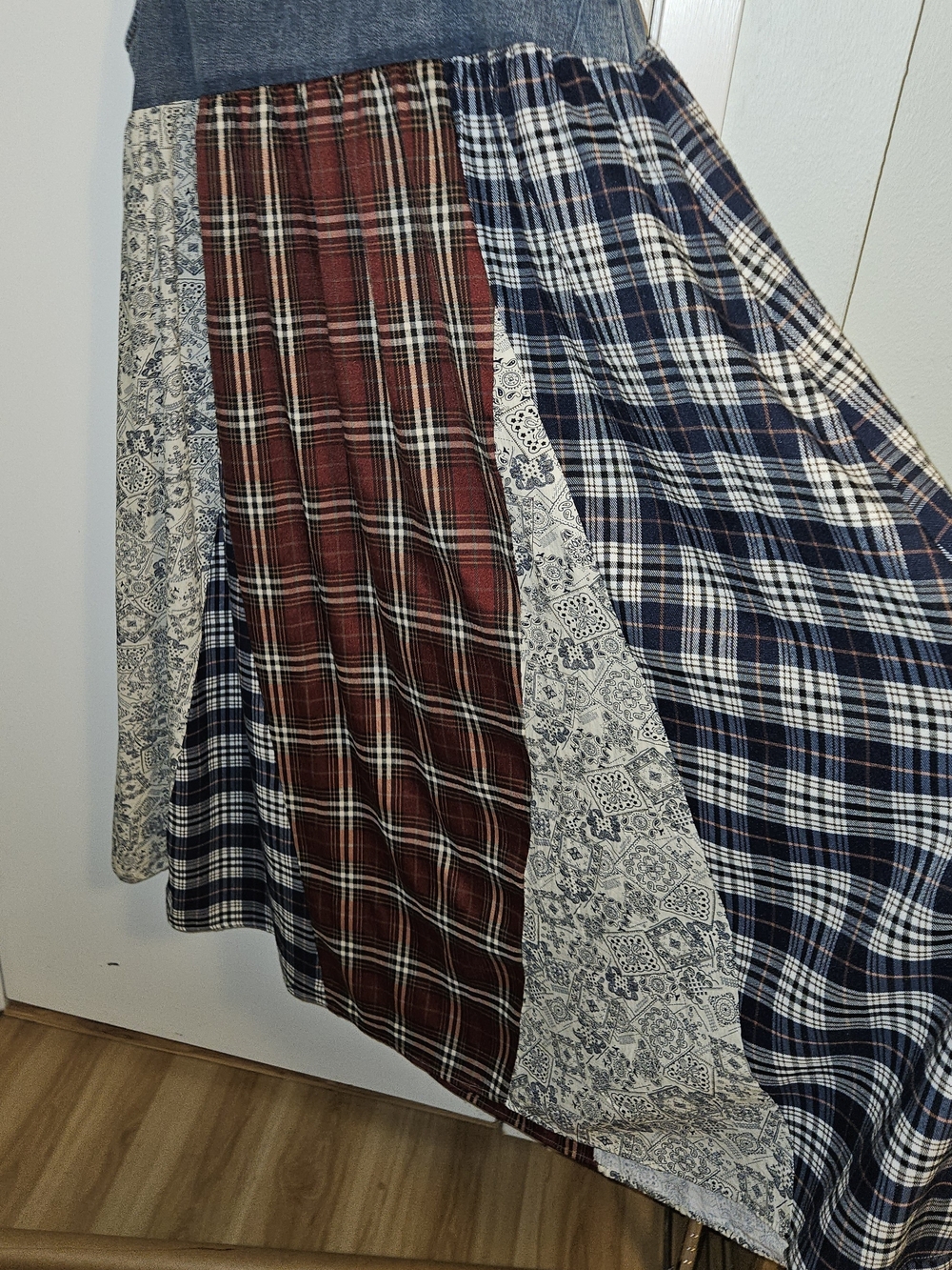 Patchwork Plaid Maxi Dress with Denim Bib - Picture 4 of 8